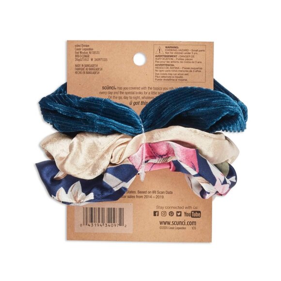 scunci Scrunchies 3pk Blue Print Gold Solid Teal Solid Damage Free 90s style - Picture 3 of 3